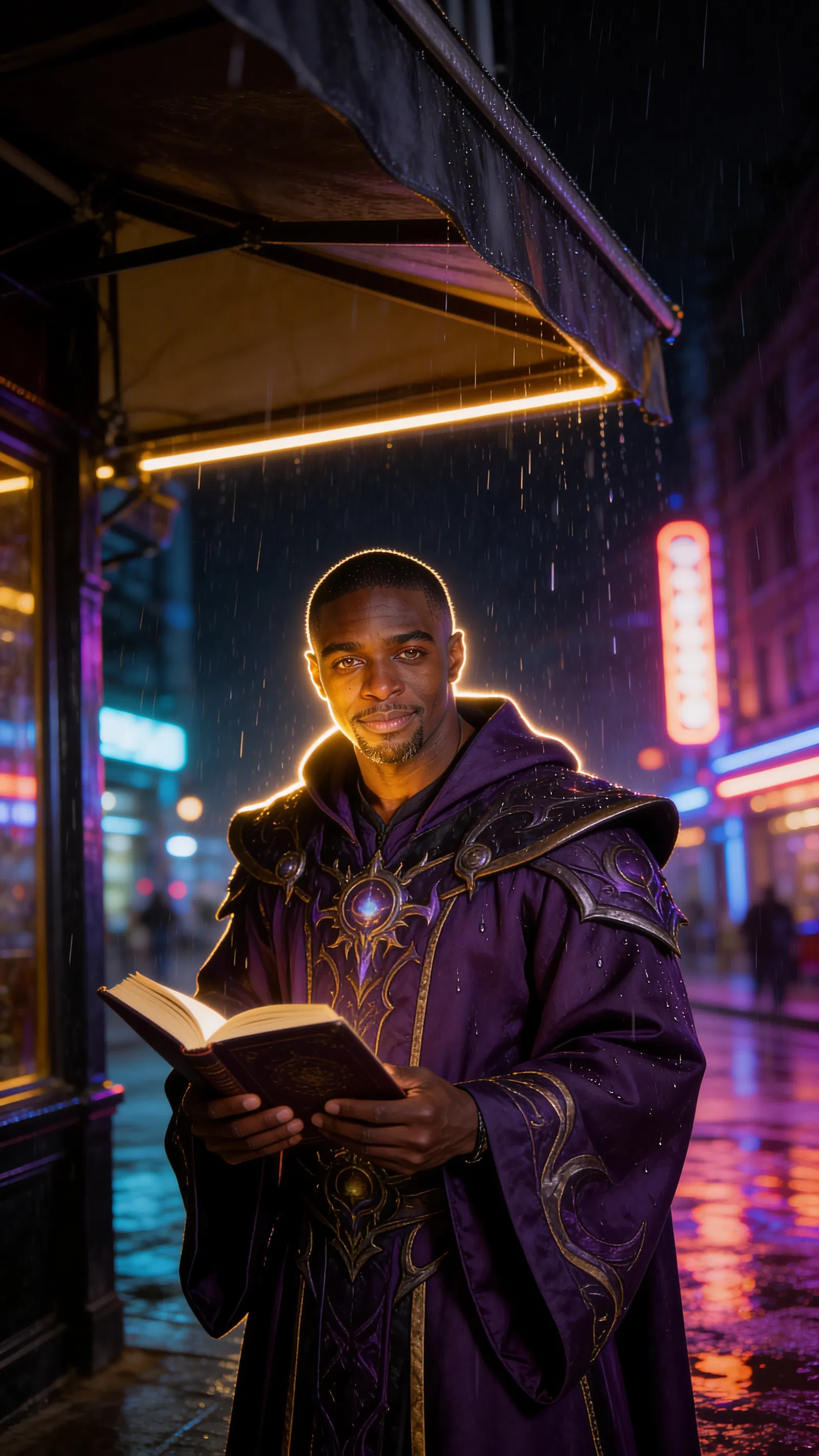 Same character warlock cosplay in neon rain scene, cinematic portrait