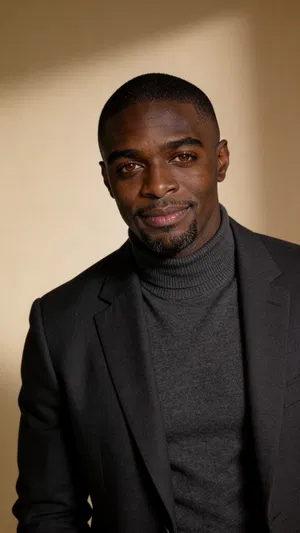 Same character warm beige studio head-and-shoulders portrait in turtleneck