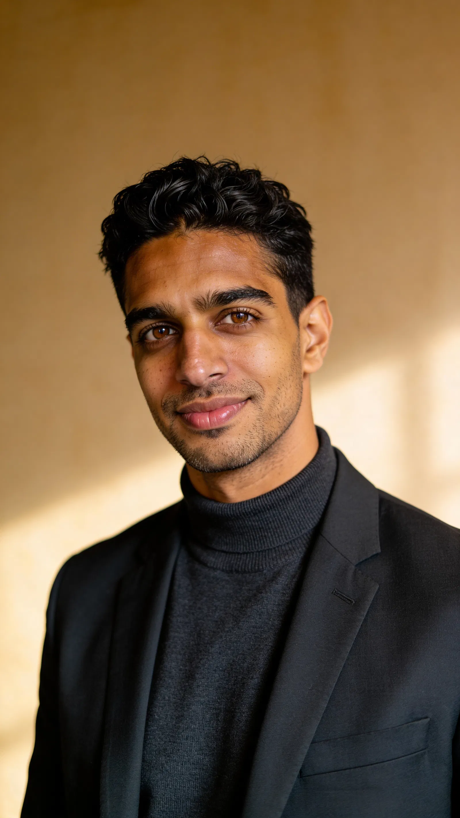 Same character warm beige studio head-and-shoulders portrait in turtleneck