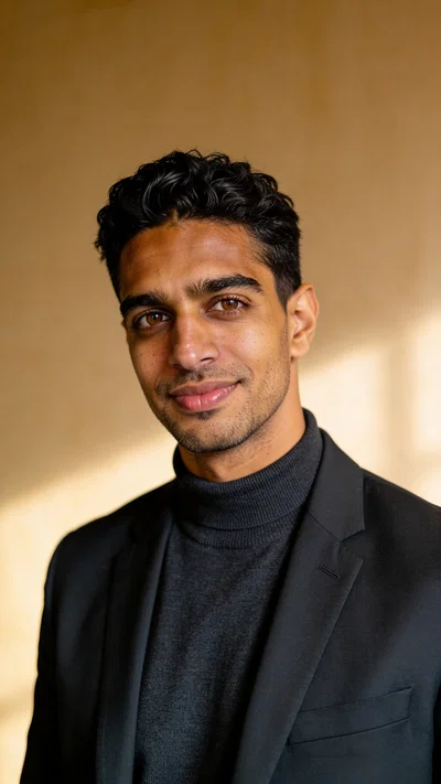 Same character warm beige studio head-and-shoulders portrait in turtleneck