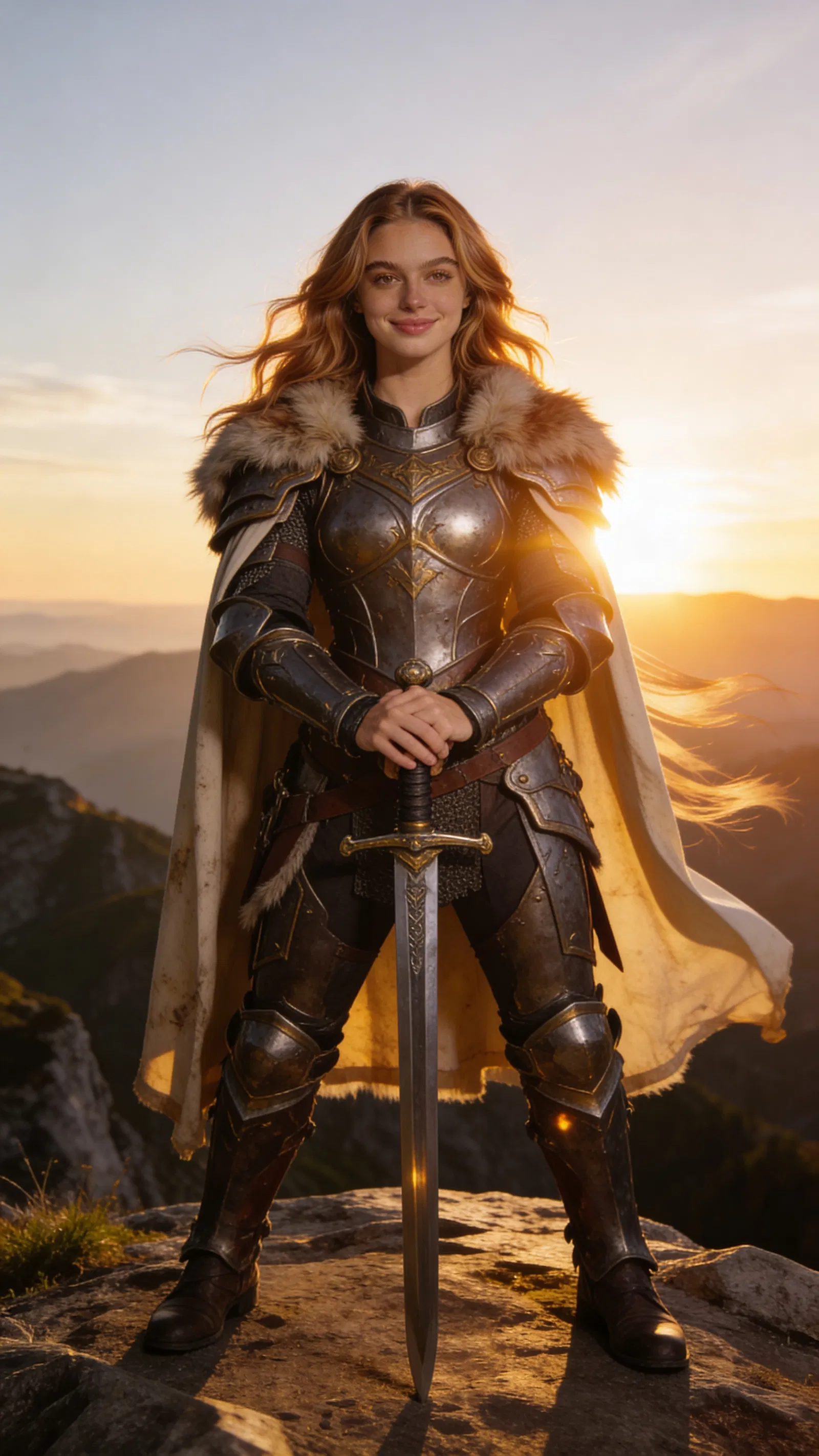 Same character warrior armor full-body shot on mountain at sunrise