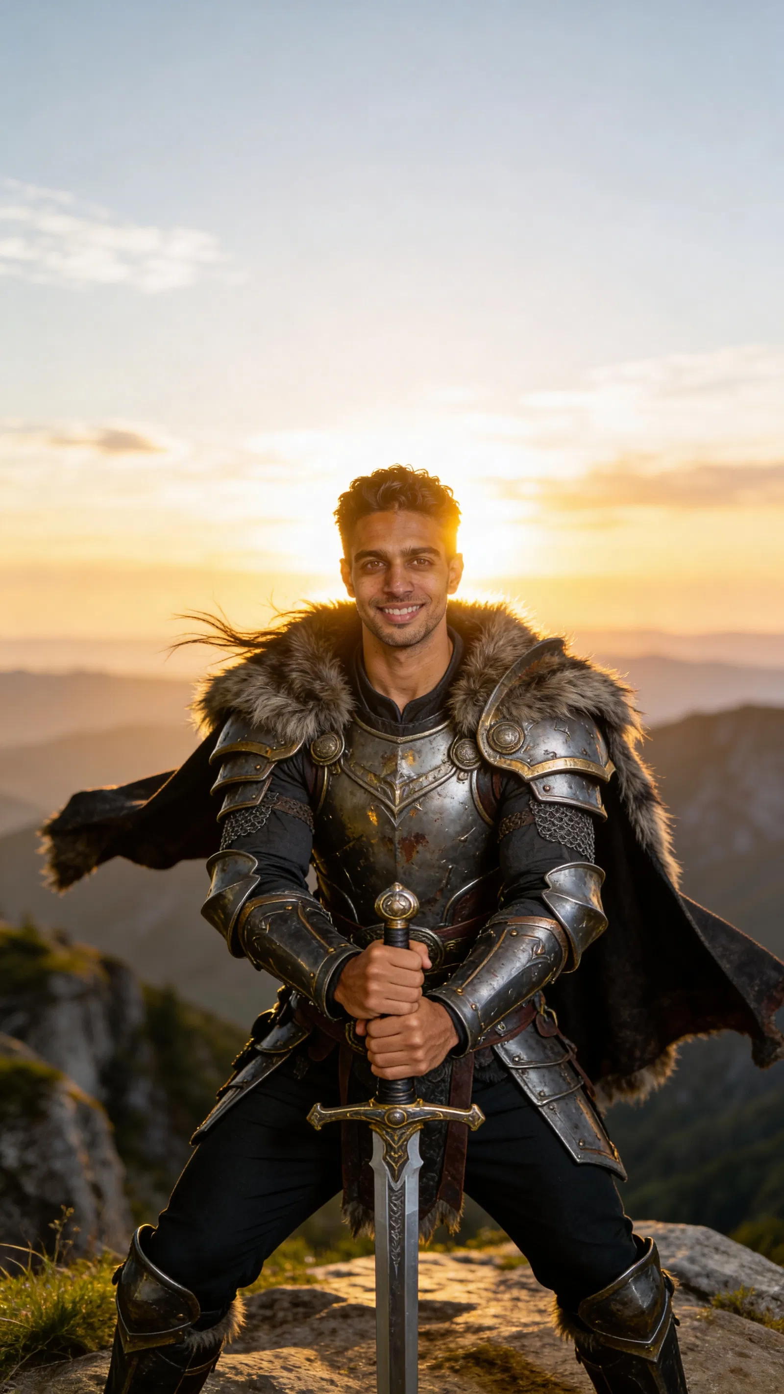 Same character warrior armor full-body shot on mountain at sunrise