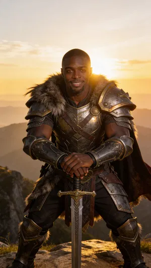 Same character warrior armor full-body shot on mountain at sunrise