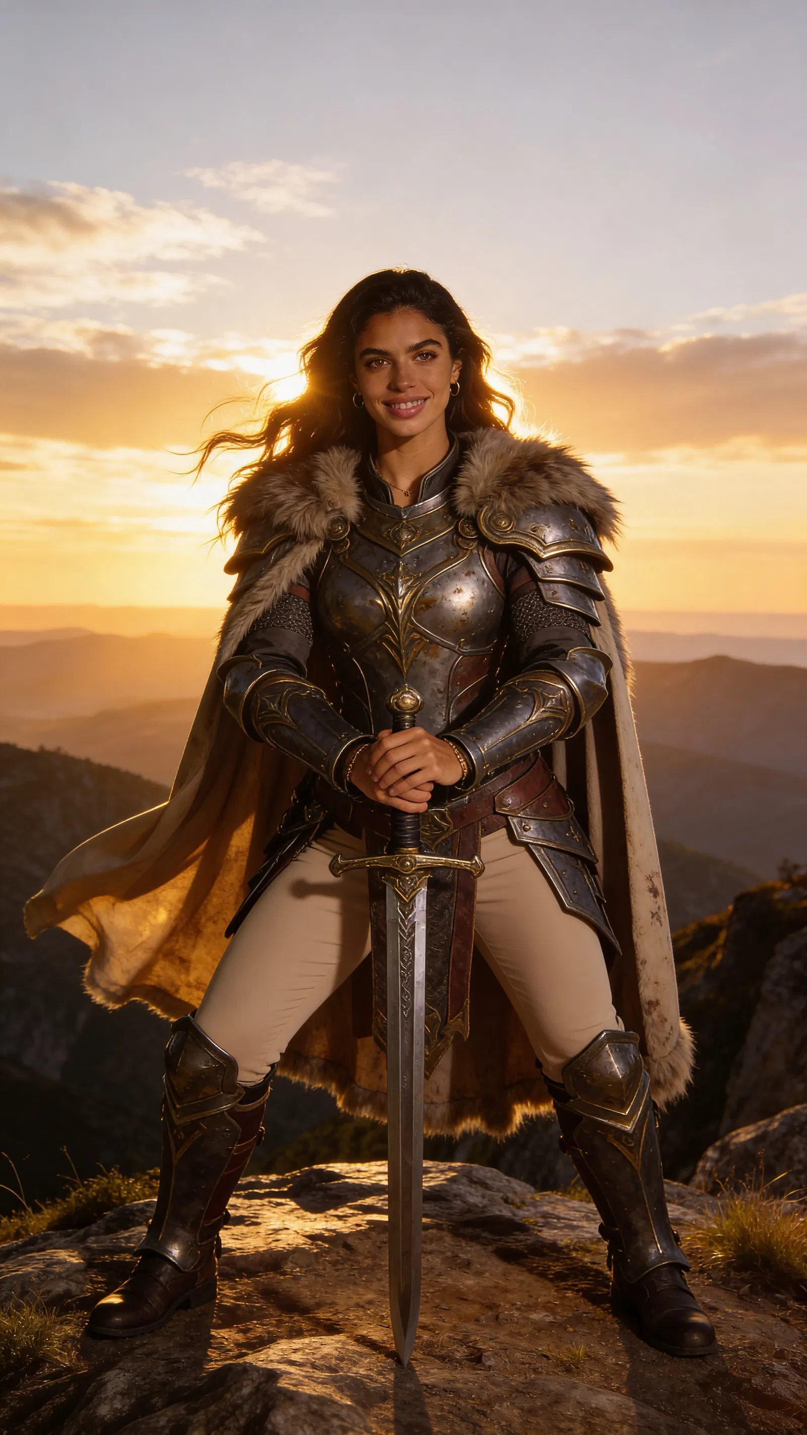 Same character warrior armor full-body shot on mountain at sunrise