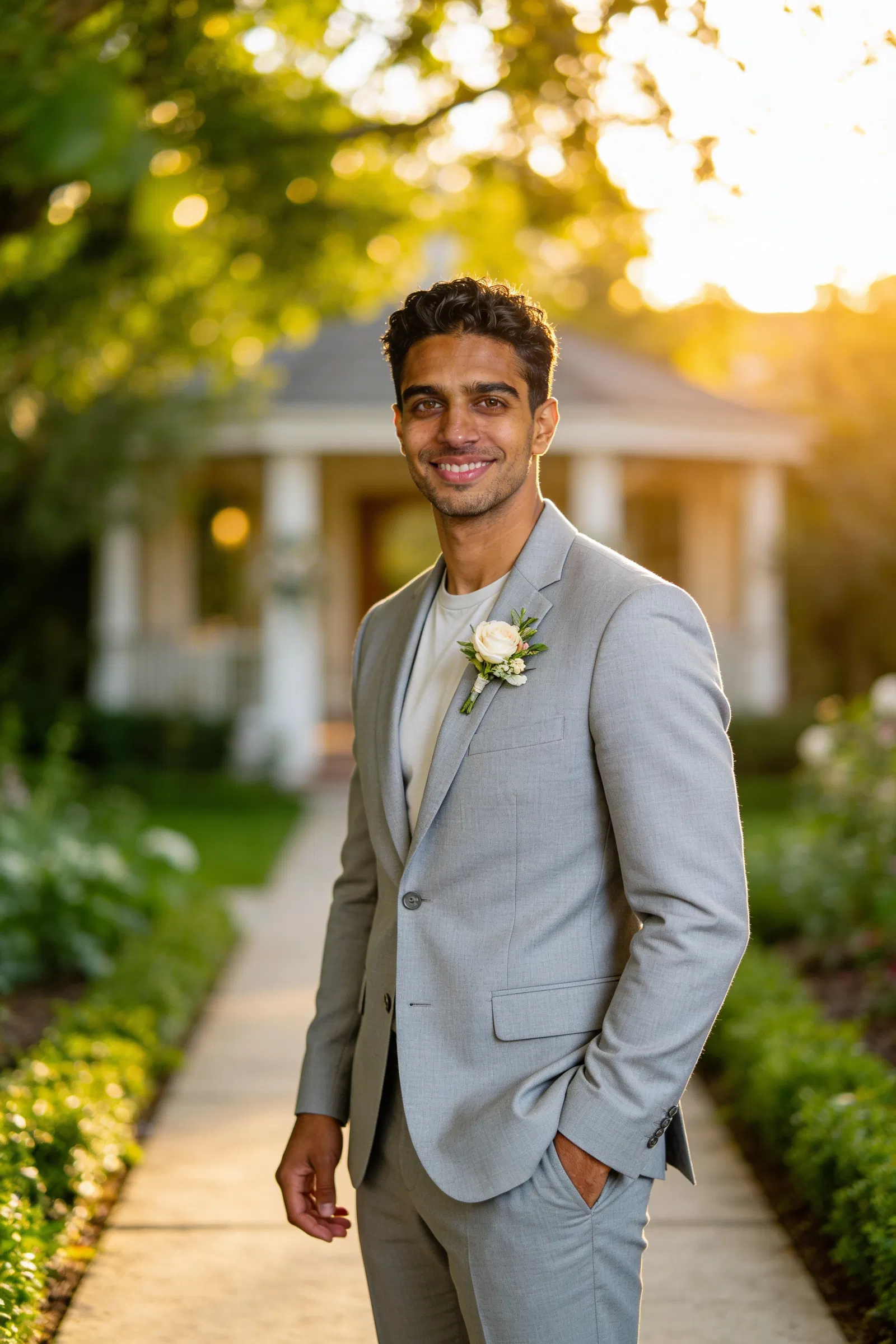 Same groom character in light gray suit garden portrait 2:3