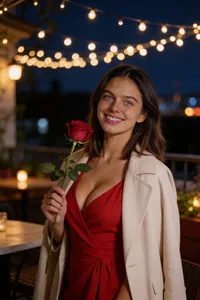 Same Latina character on evening patio under lights holding a rose.
