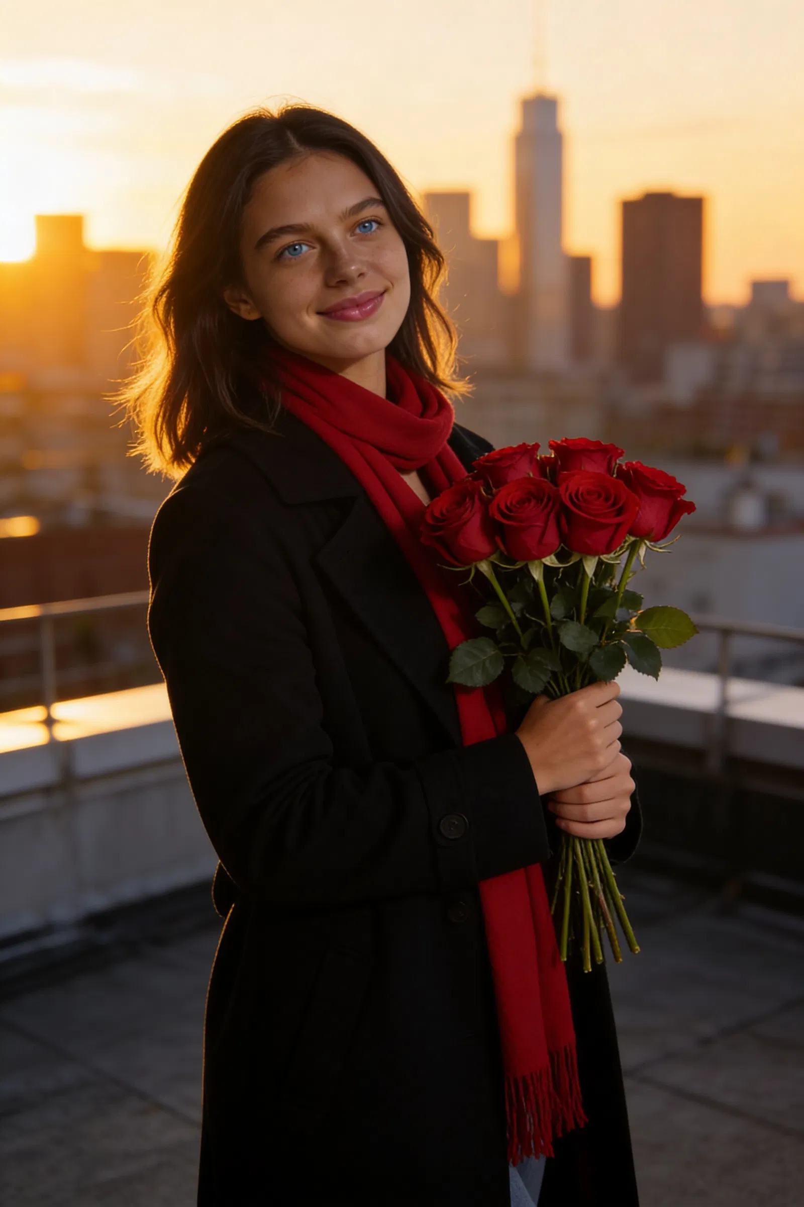 Same Latina character on rooftop at sunset holding a bouquet of roses.