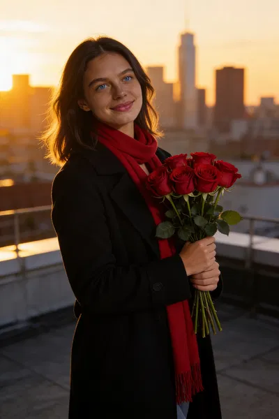 Same Latina character on rooftop at sunset holding a bouquet of roses.