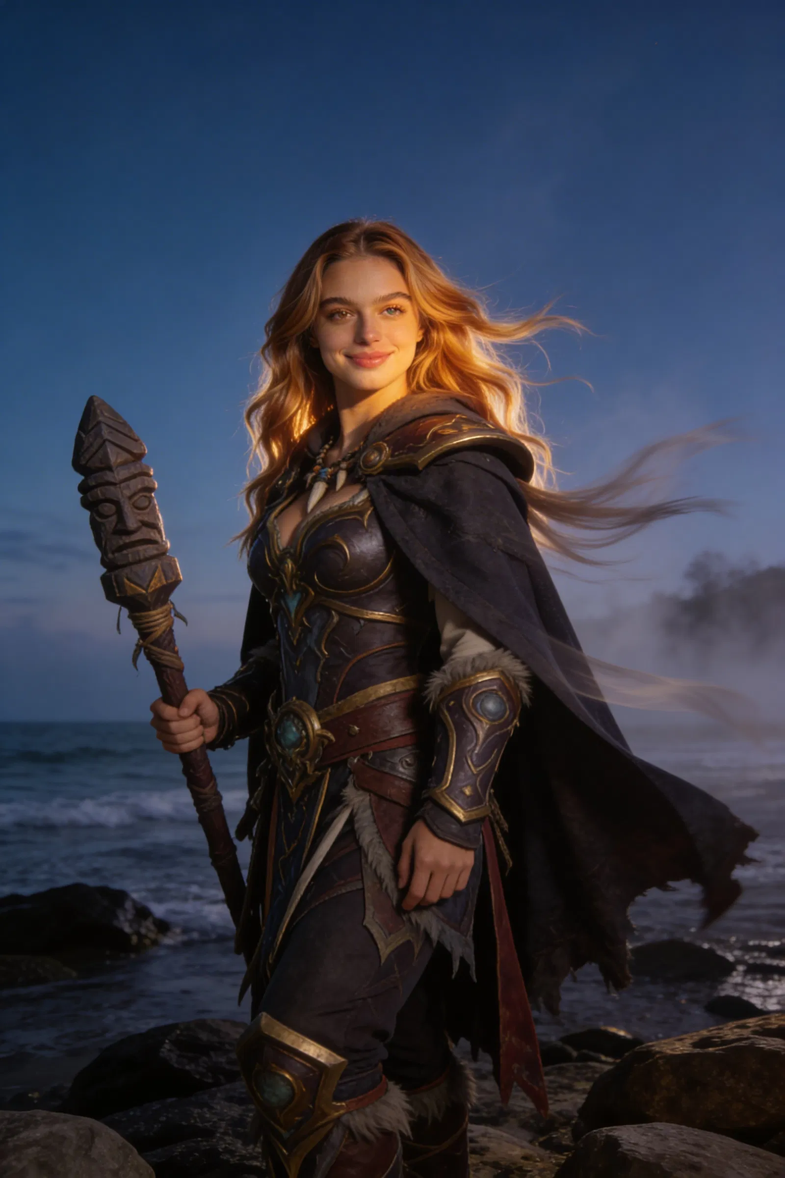 Same Latina woman as shaman at dusk shoreline, 3/4 portrait