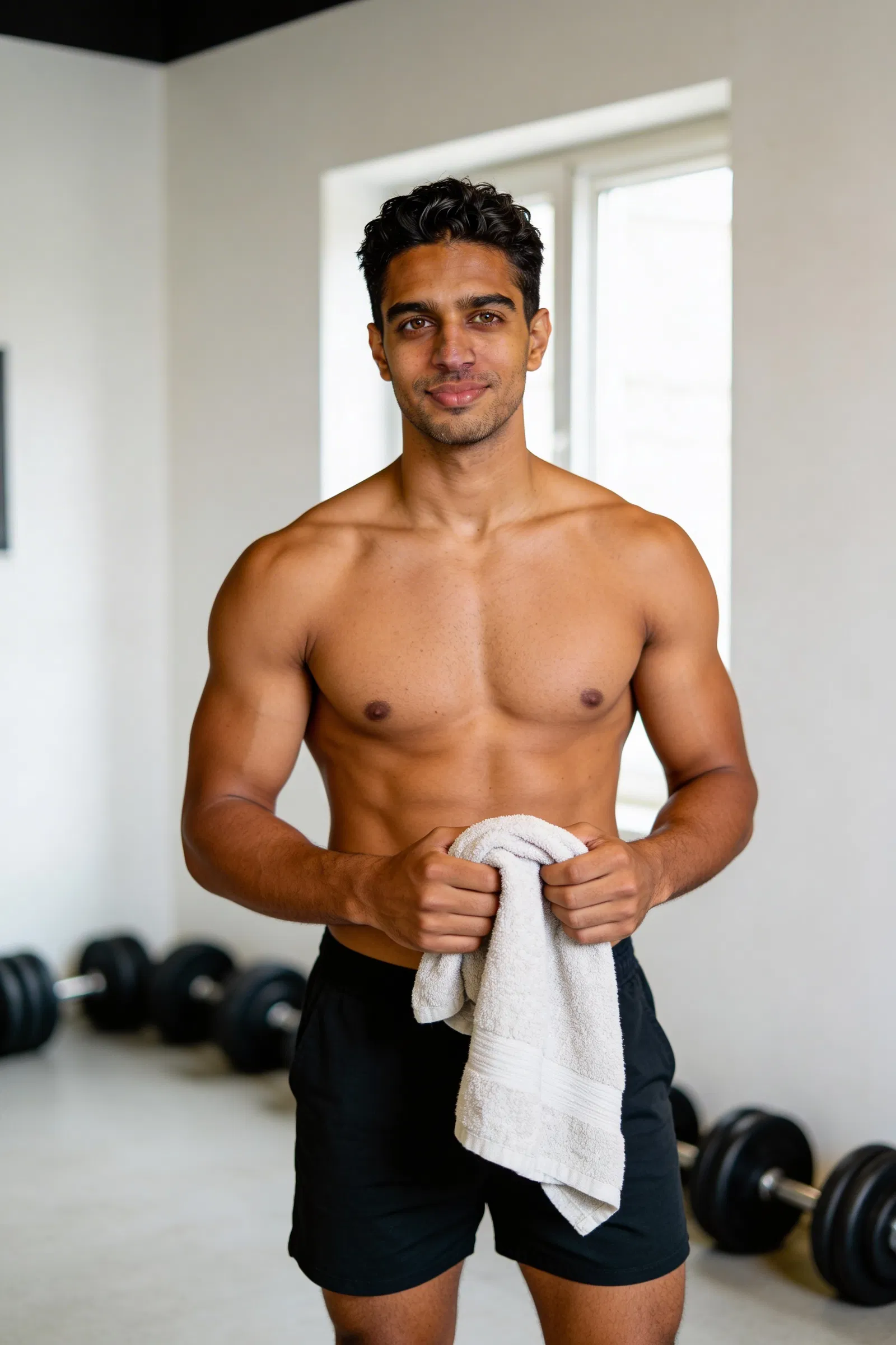 Same male bodybuilder half-body home gym progress portrait