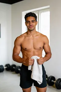 Same male bodybuilder half-body home gym progress portrait