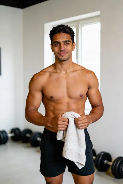 Same male bodybuilder half-body home gym progress portrait