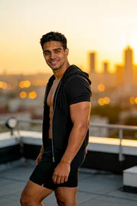 Same male bodybuilder rooftop golden-hour 3/4 body portrait