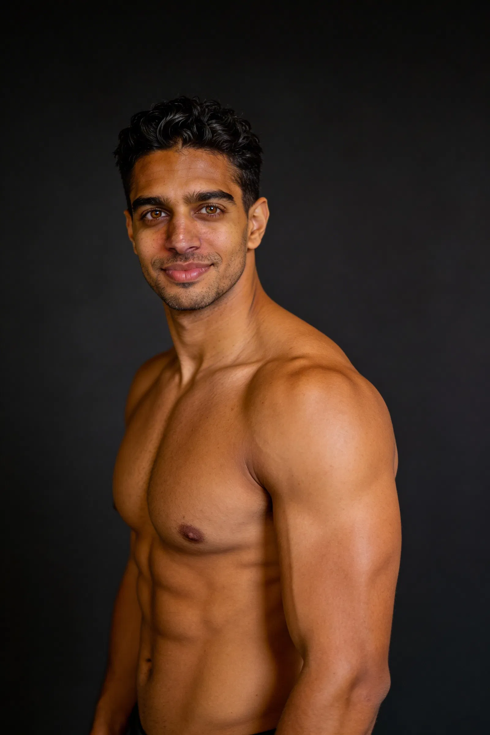 Same male bodybuilder side chest pose, 3/4 body