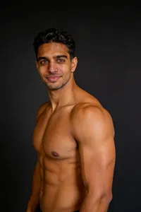 Same male bodybuilder side chest pose, 3/4 body