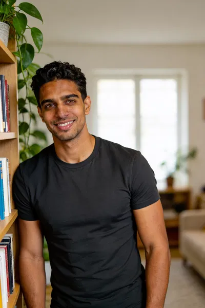 Same man at home by bookshelf, warm natural dating photo