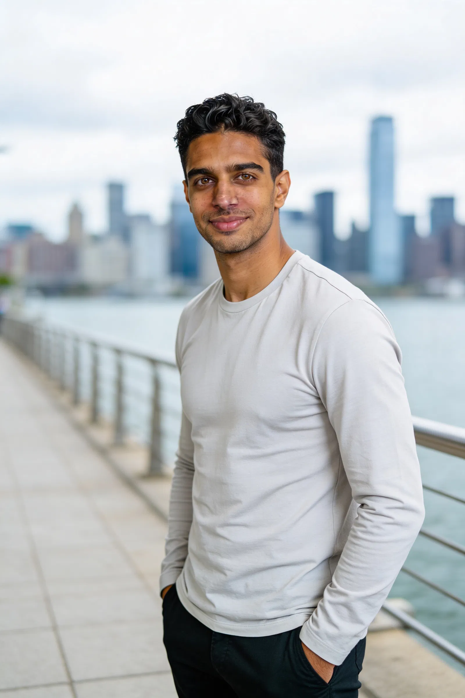 Same man by waterfront, hands in pockets, confident dating profile photo