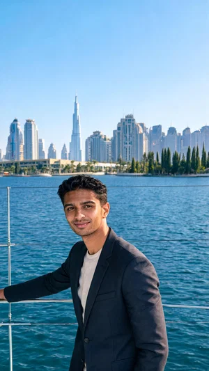Same man full-body on yacht deck in Dubai Harbor with skyline backdrop