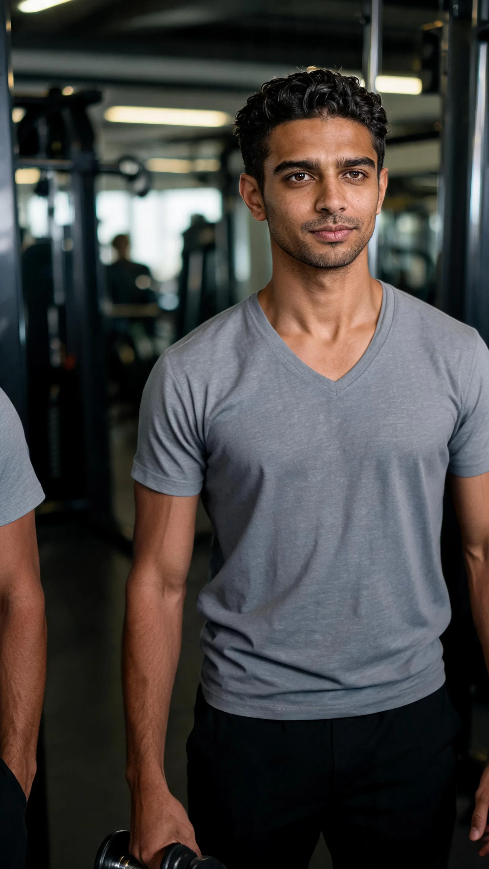 Same man in gym holding dumbbell, determined fitness looksmaxxing action portrait
