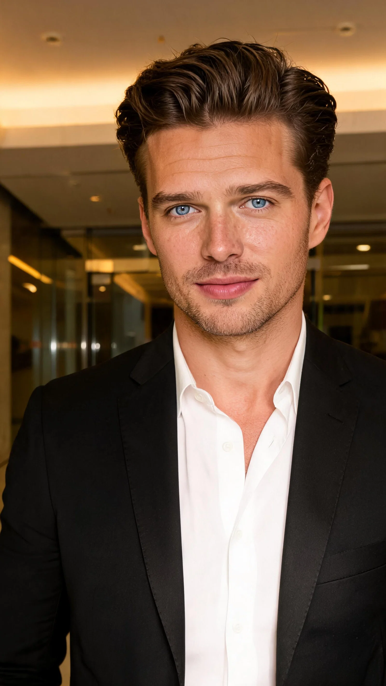 Same man in office lobby in blazer, professional profile-ready looksmaxxing portrait