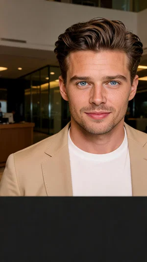 Same man in office lobby in blazer, professional profile-ready looksmaxxing portrait