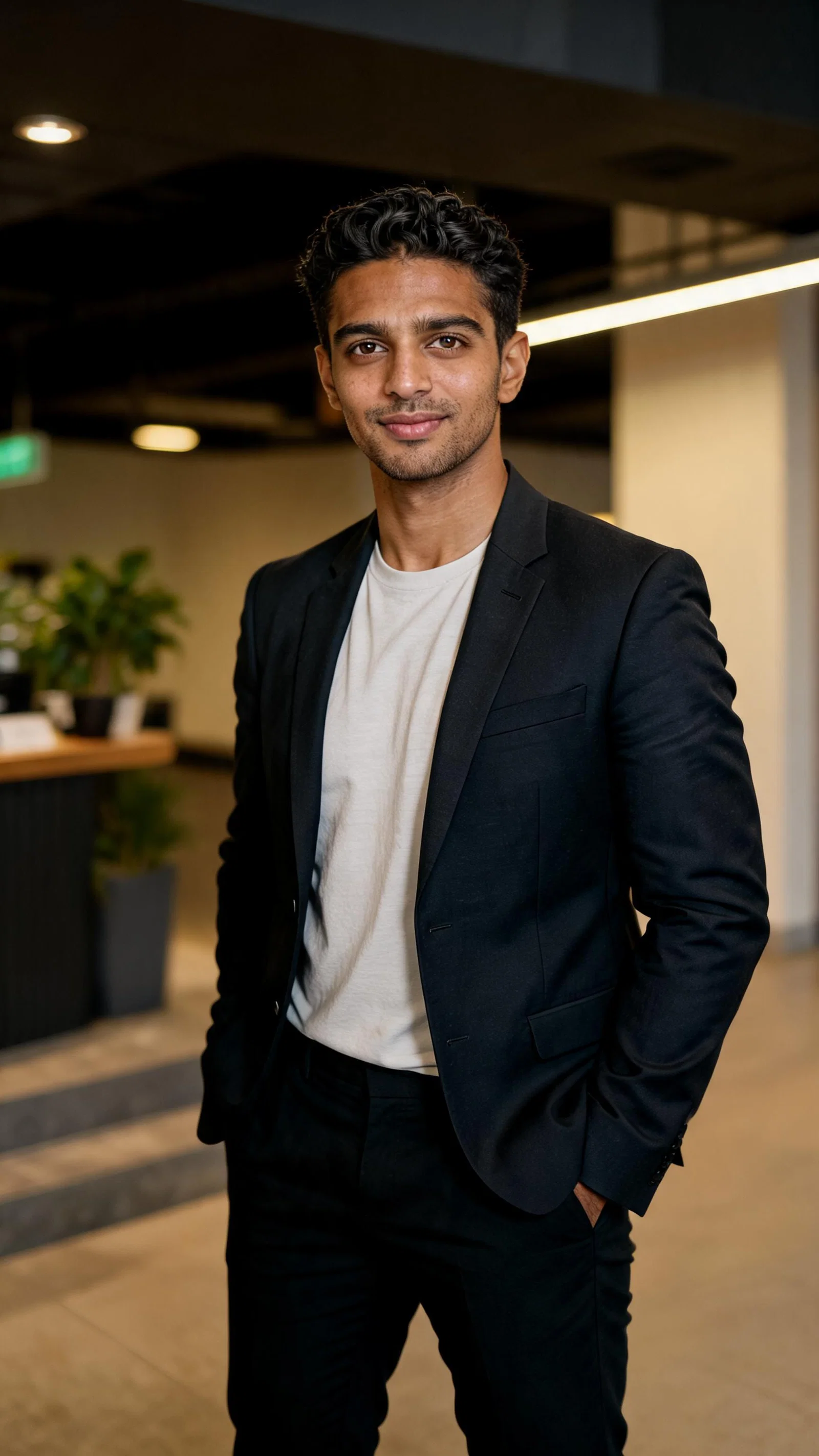 Same man in office lobby in blazer, professional profile-ready looksmaxxing portrait