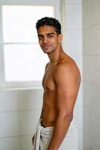 Same man in tasteful towel dudeoir portrait with soft window light