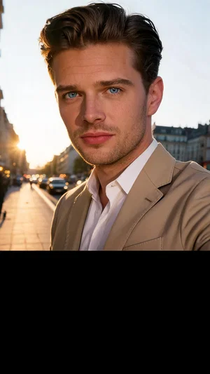 Same man walking at golden hour in bomber jacket, style-upgrade looksmaxxing portrait