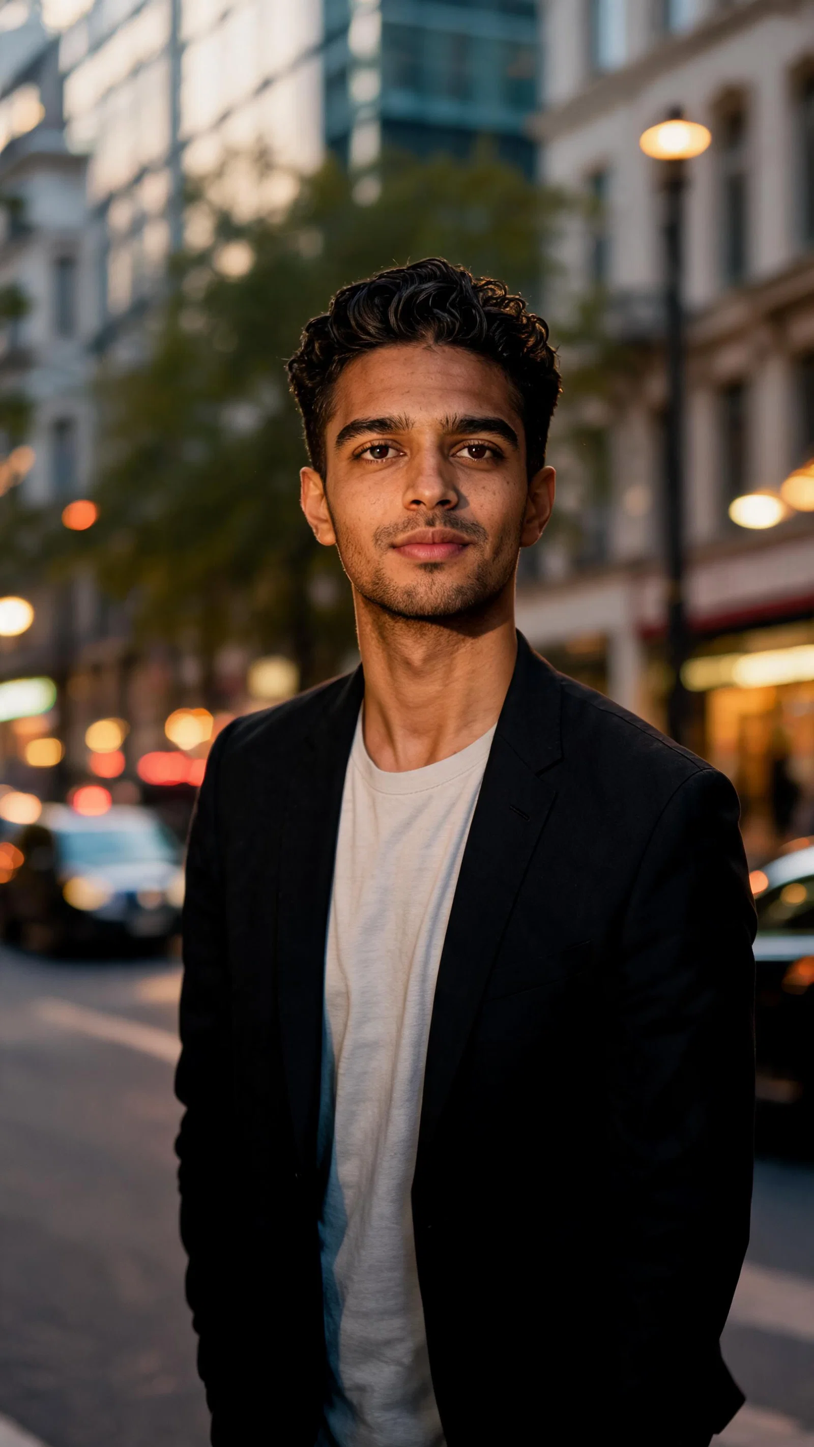 Same man walking in city golden hour, style-upgrade looksmaxxing portrait