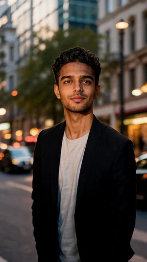 Same man walking in city golden hour, style-upgrade looksmaxxing portrait