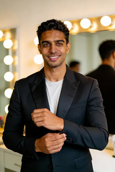 Same person backstage suit editorial portrait