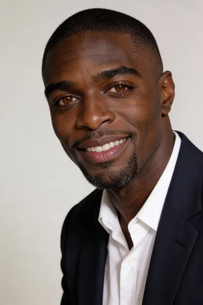 Same person in navy blazer studio resume headshot