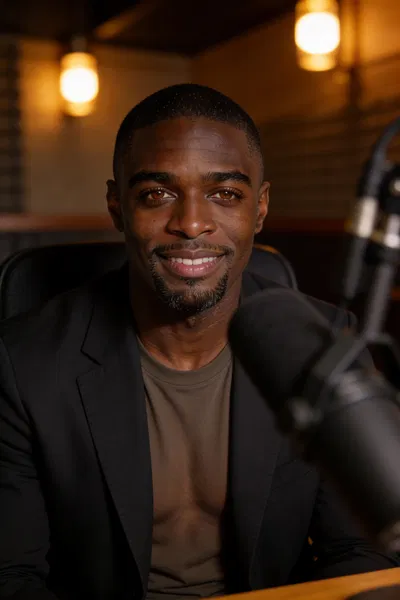 Same person in podcast room portrait for personal brand photos