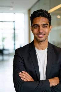 Same person, office lobby half-body headshot