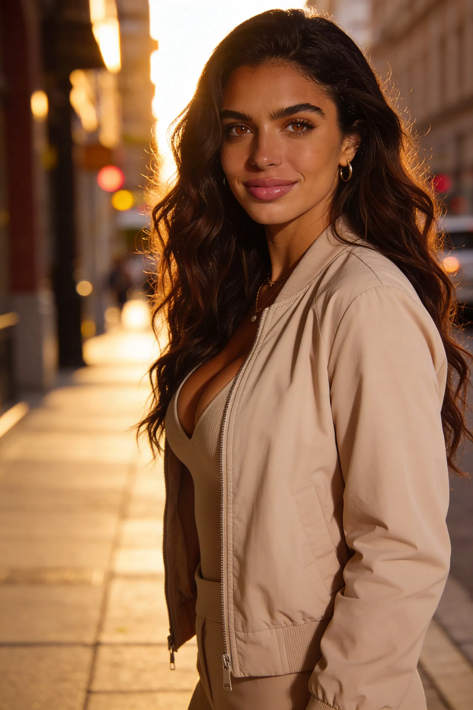 Same person outdoor golden-hour profile portrait, city background blur