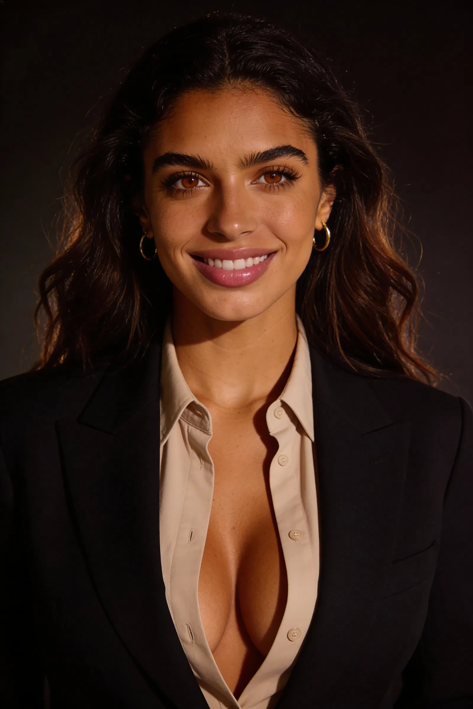 Same person premium dark studio headshot, confident trustworthy