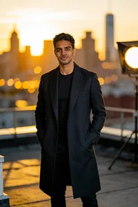 Same person rooftop golden hour editorial fashion shot