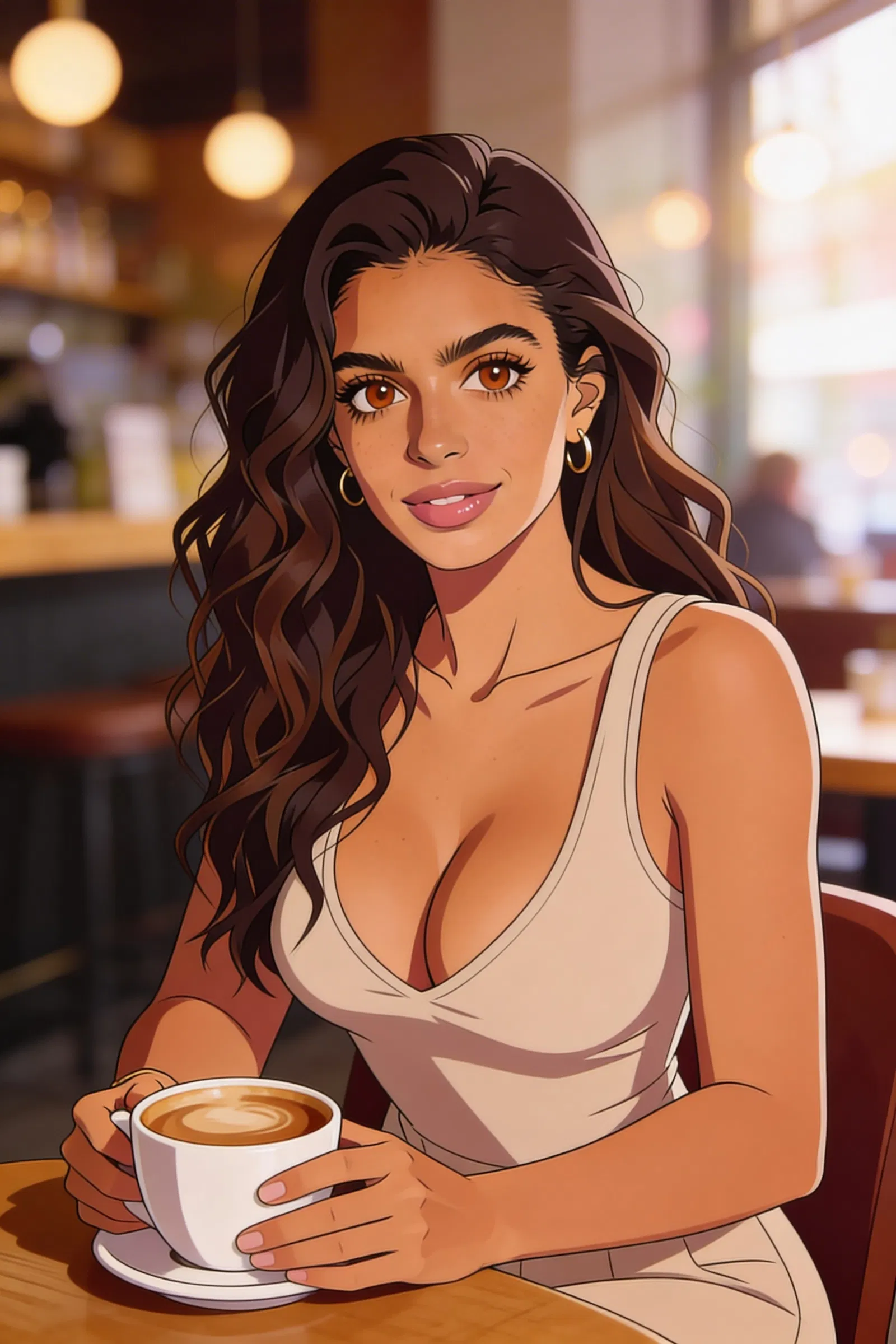 Same woman anime coffee shop portrait, consistent features