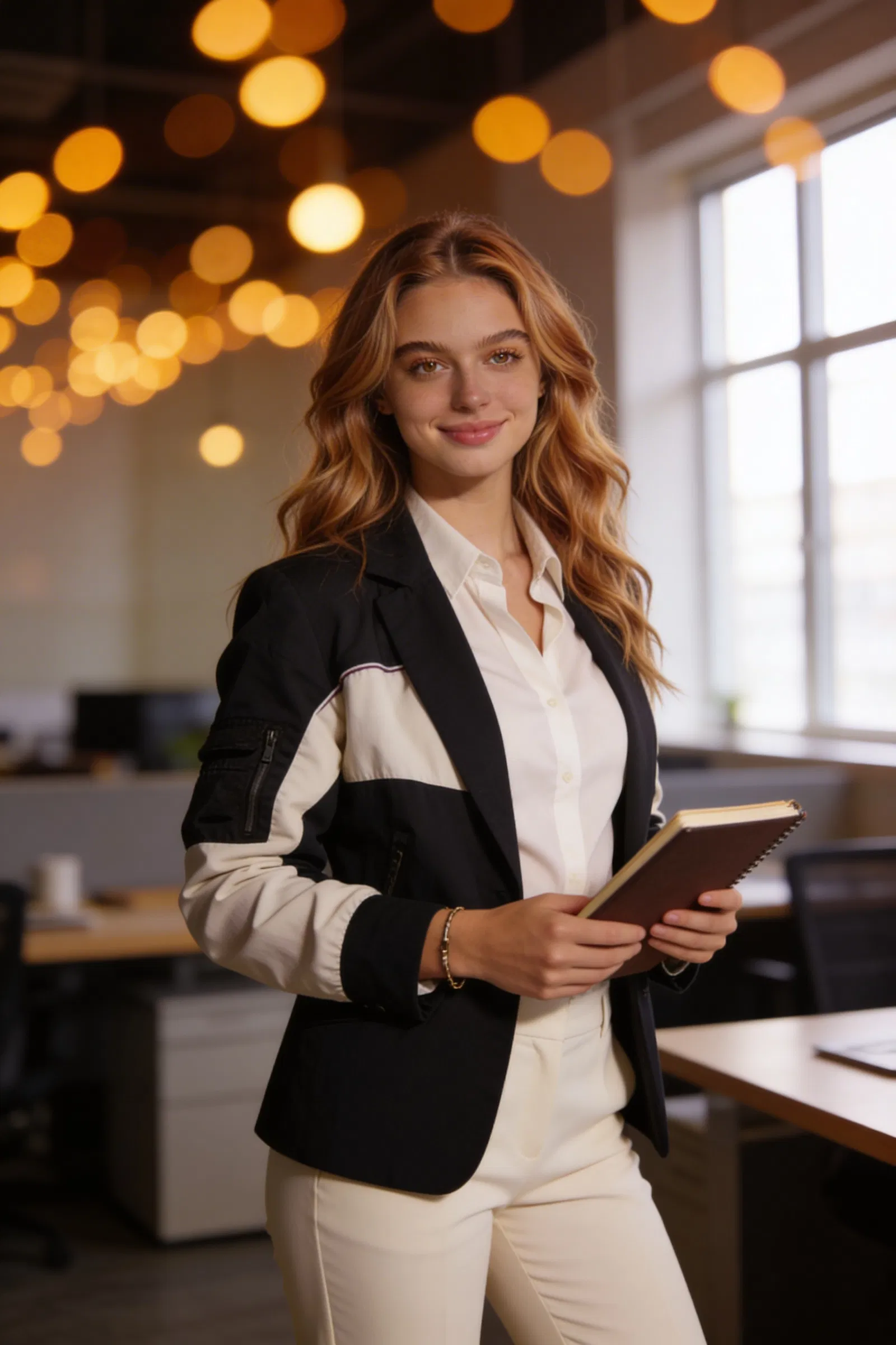 Same woman coworking three-quarter portrait with blazer and warm bokeh