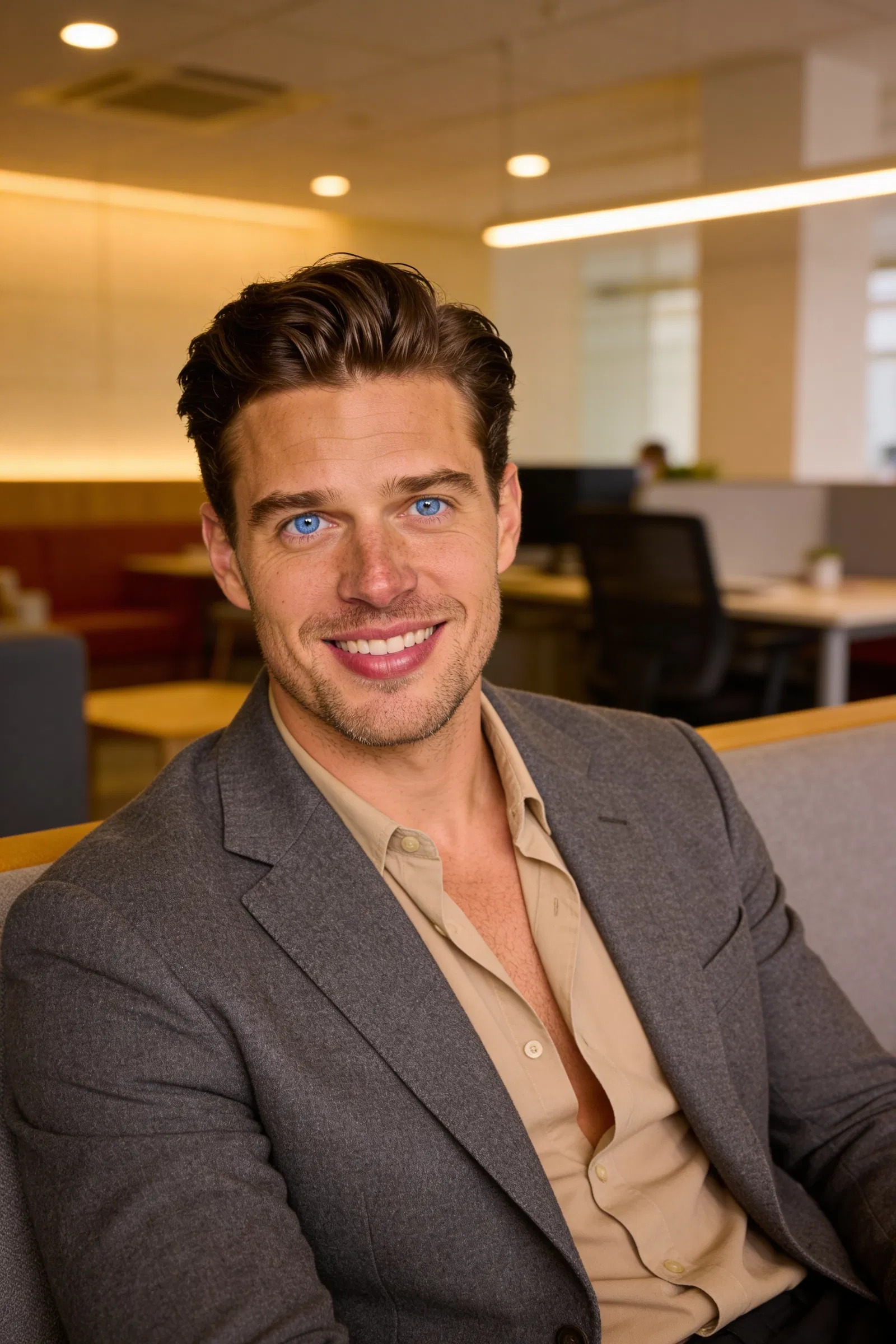 Same woman in coworking lounge, approachable business team headshot