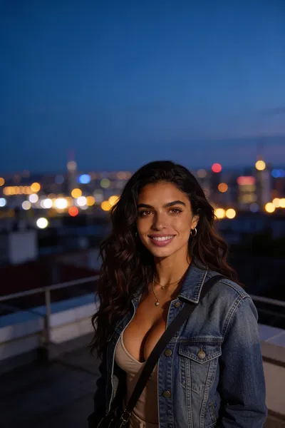 Same woman on rooftop at dusk, city bokeh travel portrait.