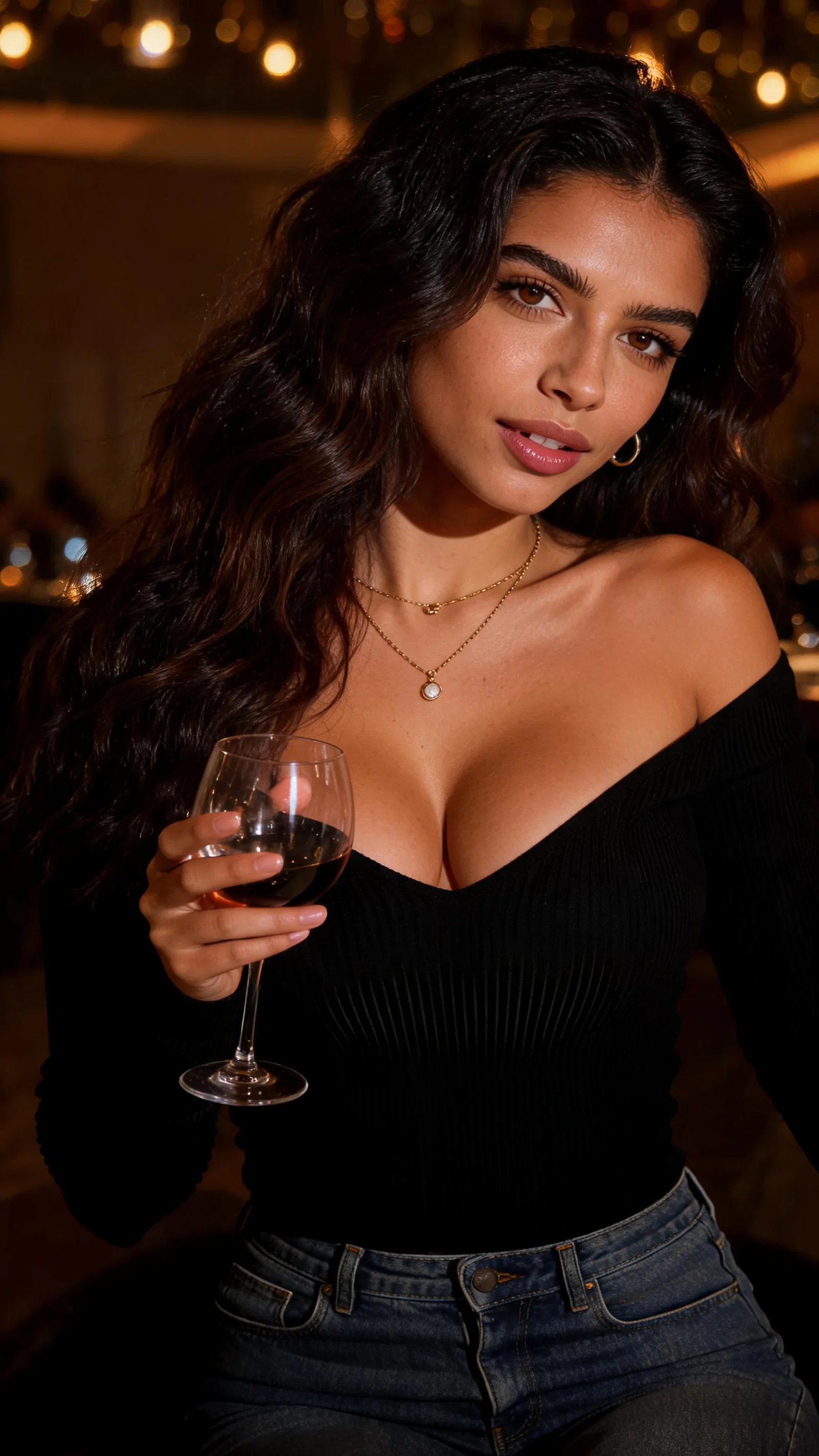 Same woman seated at upscale Dubai restaurant with warm bokeh lights