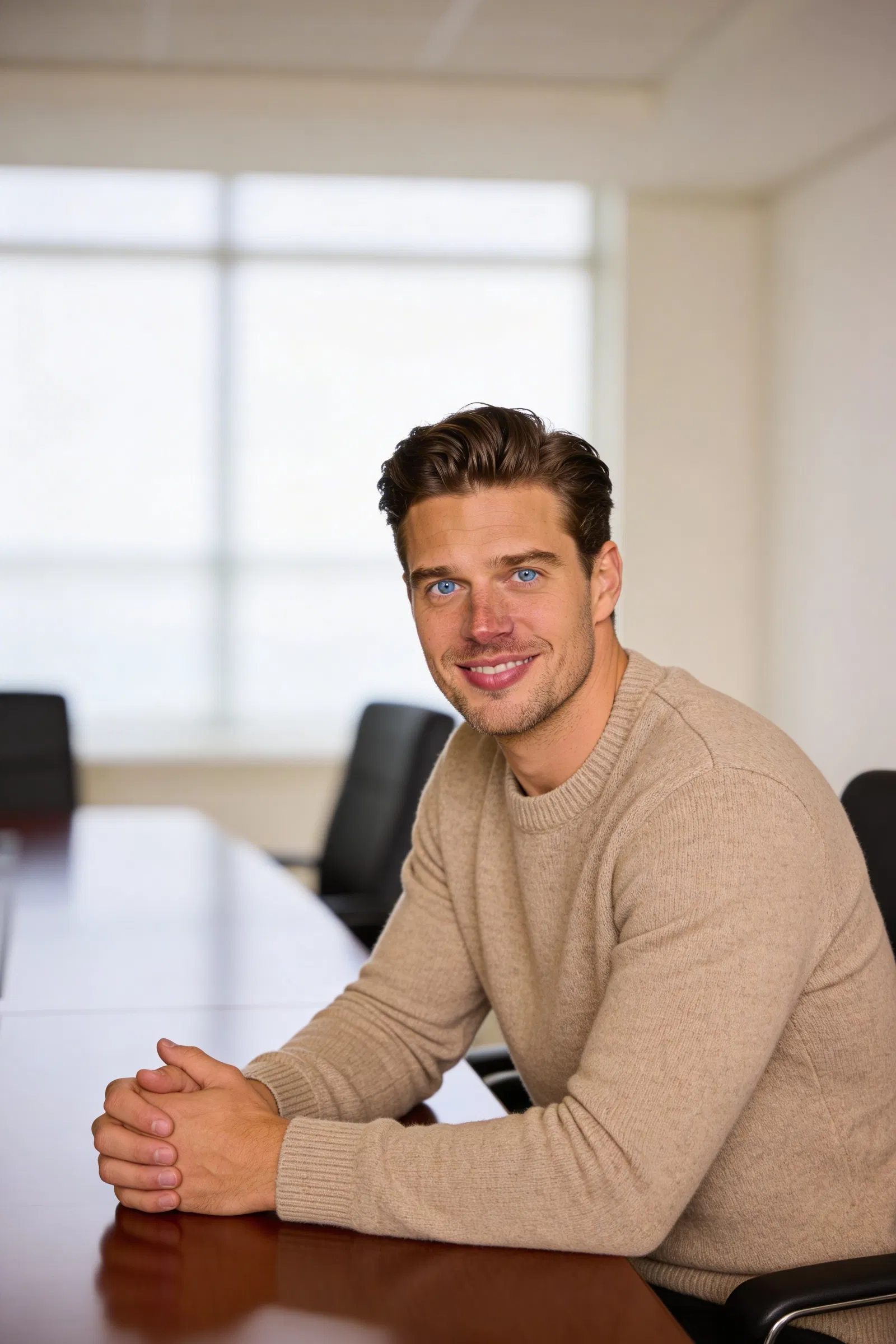Same woman seated in conference room, half-body corporate portrait