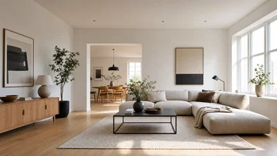 Scandinavian living room photographed wide with straight verticals and soft window daylight.