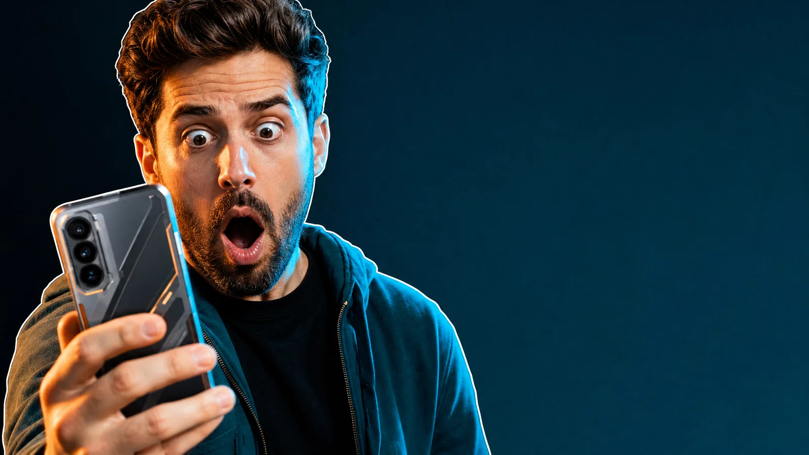 Shocked tech reviewer holding a glowing phone with empty space for headline text