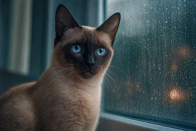 Siamese cat on rainy window sill with soft overcast key light and cinematic teal shadows.