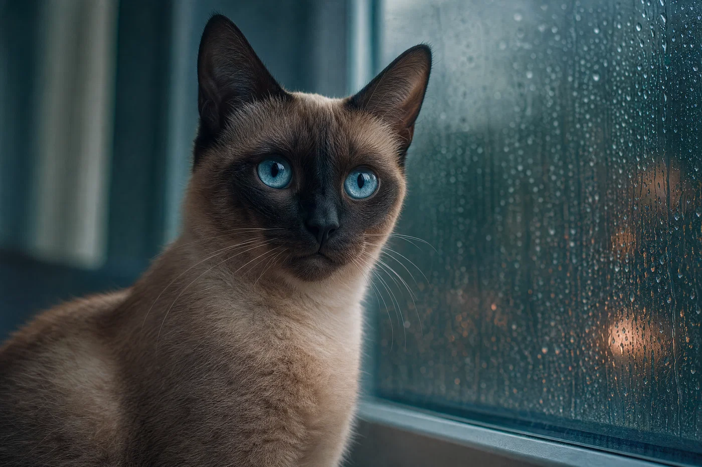 Siamese cat on rainy window sill with soft overcast key light and cinematic teal shadows.