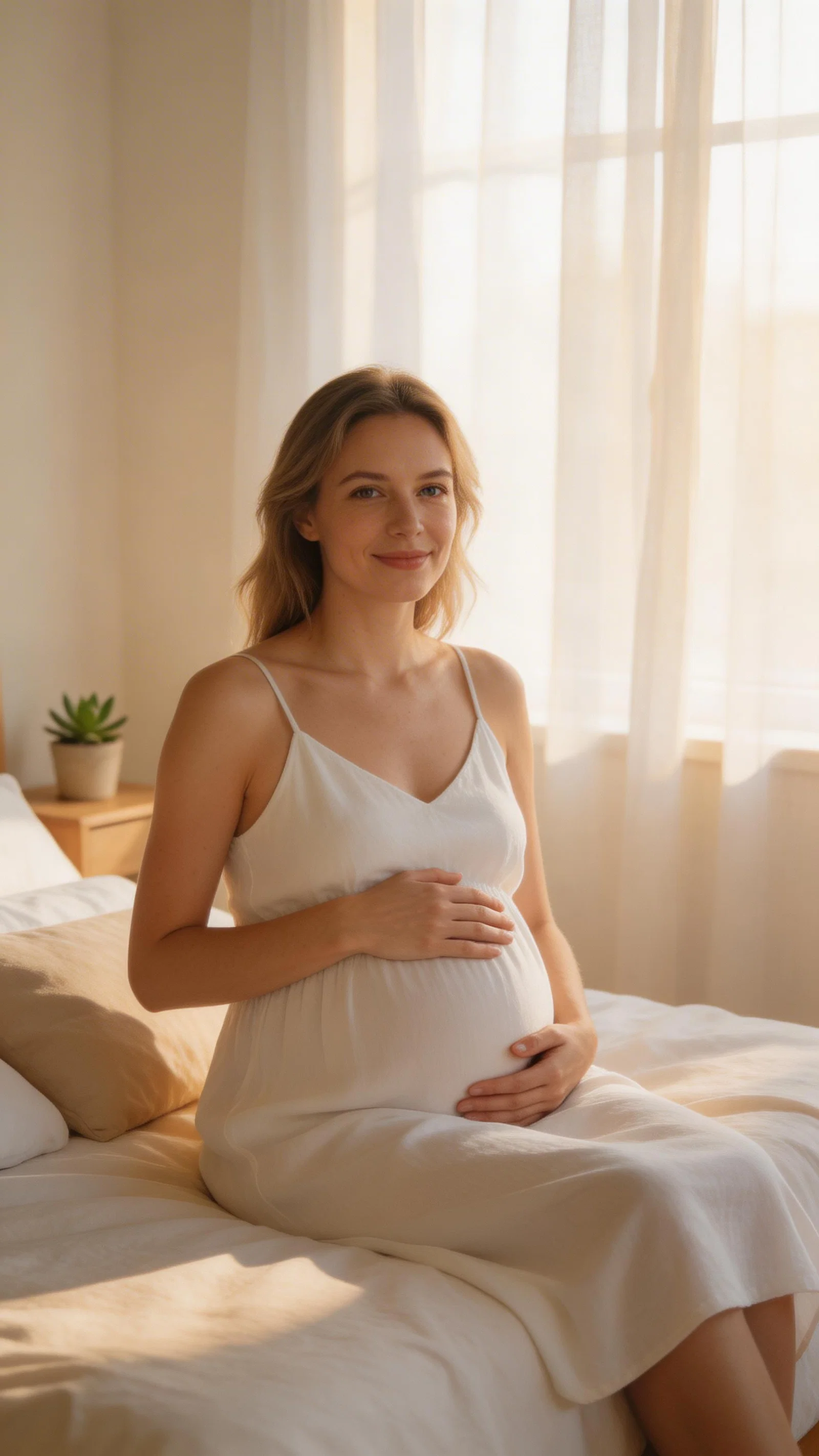 Soft morning at-home maternity portrait on a bed with natural light