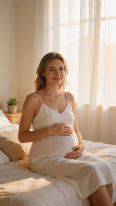 Soft morning at-home maternity portrait on a bed with natural light