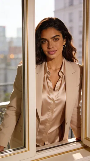 Soft window-lit portrait with satin-and-blazer styling for classy glamour photos